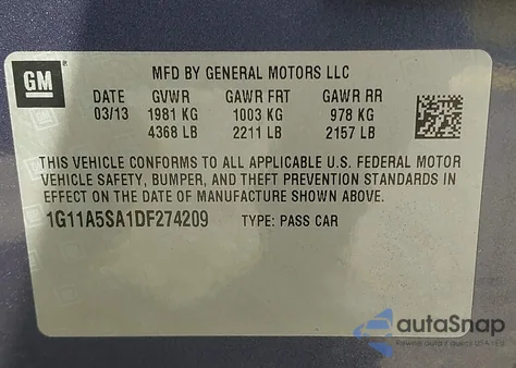 2013 Chevrolet Malibu 1Fl z USA, uszkodzony, nr VIN 1G11A5SA1DF274209